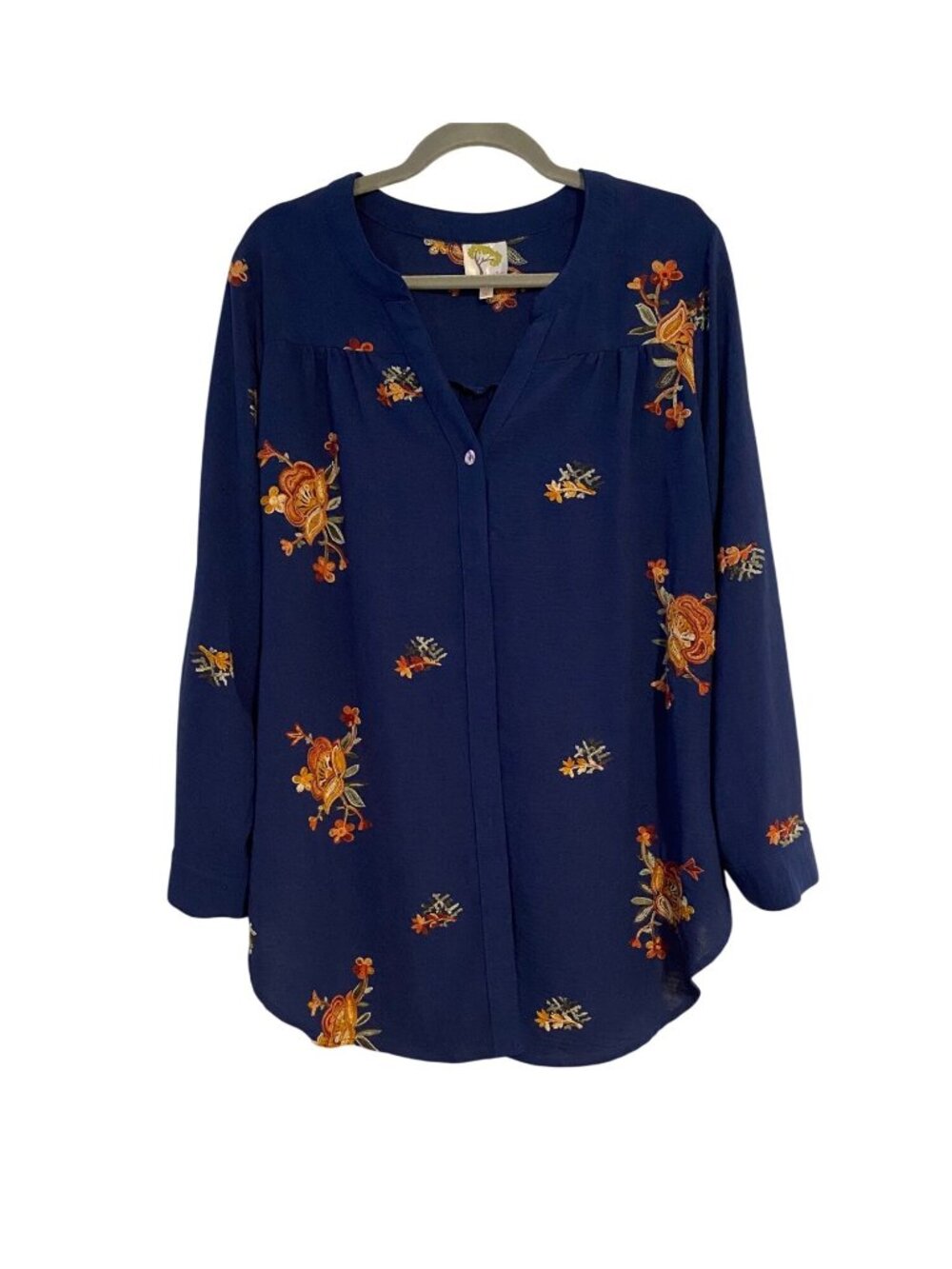 Fig And Flower Women's 1X Navy Button Up Blouse Floral Embroidered Long Sleeves